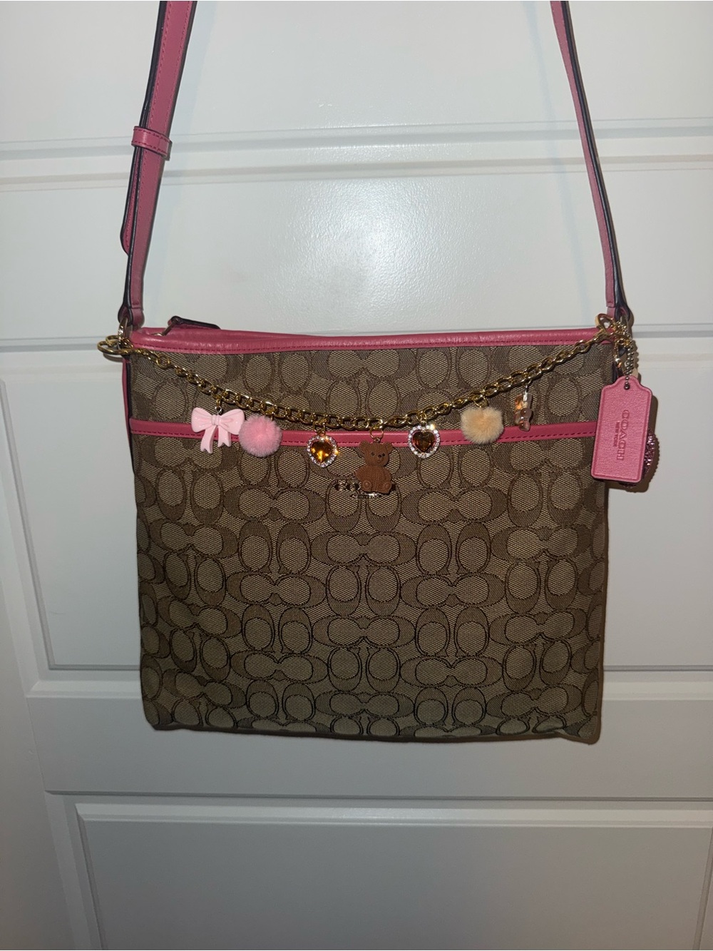 Coach Brown Signature Crossbody with Pink Trim and Charm Chain